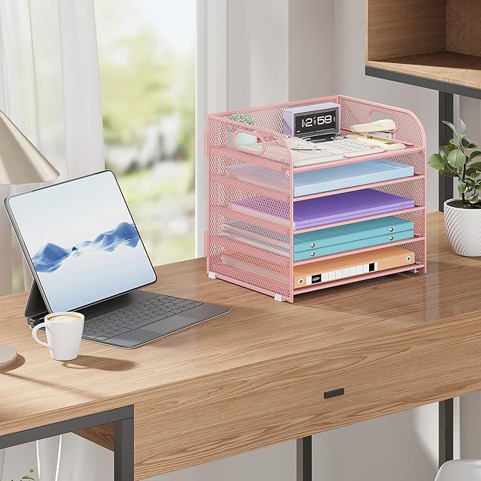 Cawukege 5 Tier Paper Organizer with Handle, Pink Metal Mesh Desk Organizer File Folder Paper Letter Tray Desktop Document Sorter for Classroom, School, Office Accessories Organization and Storage