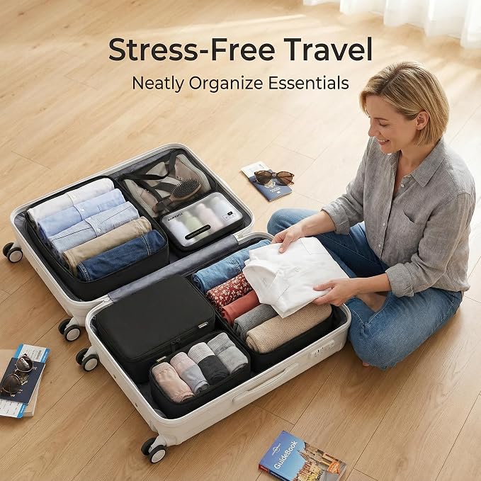 6 Set Compression Packing Cubes for 7–14 Day Travel, Jet Black | Nylon Oxford Fabric, Full Breathable Mesh, Reinforced Double-Zipper, Small to Large Size Bag, Expandable Packing System