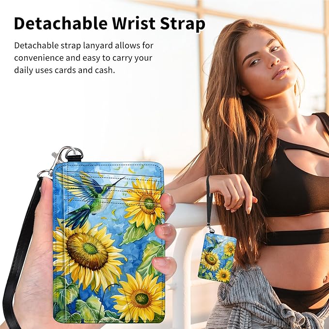 Slim Minimalist Front Pocket Wallet,Credit Card Holder Wallet for Women Men,RFID Blocking Credit Card Holder Case Leather Cute Small Thin Wallet ID Window&Wrist Strap,Watercolor Sunflower Bird