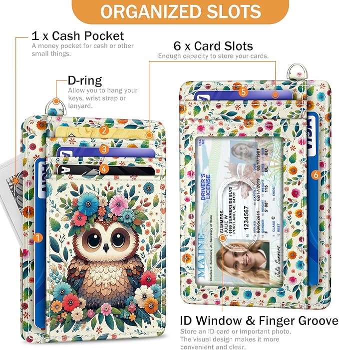 Yonlevres Credit Card Holder Slim Wallet, Floral Owl RFID Wallet Women Front Pocket Small Card Holder, Funny Cute Travel Thin Card Case ID Window PU Leather RFID Blocking Card Organizer Gift Girls