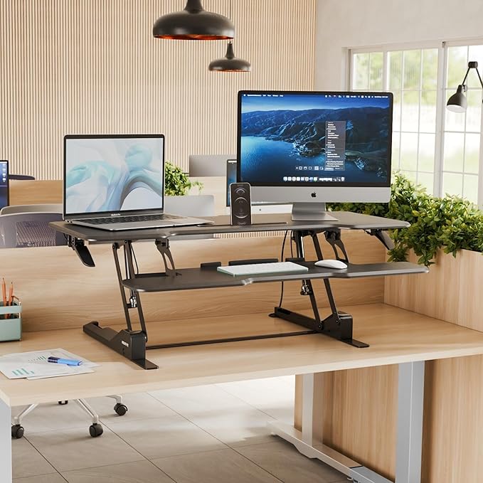 Mount-It! 47" Standing Desk Converter, XL Desktop Sit-Stand Desk Riser with Gas Spring Height Adjustment, Wide Desk Topper for Dual Monitors or Monitor & Laptop, Keyboard Tray, Black