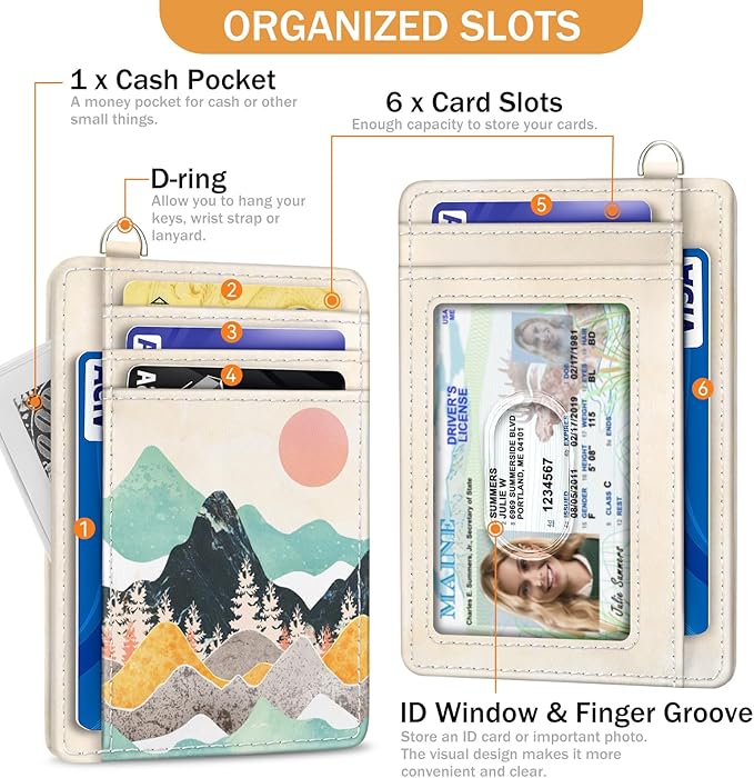 Yonlevres Sunrise Mountain Credit Card Holder Slim Wallet, RFID Wallet Women Front Pocket Wristlet Lanyard, Small Card Holder Travel Funny Cute Thin Card Case ID Window PU Leather Card Organizer Gifts