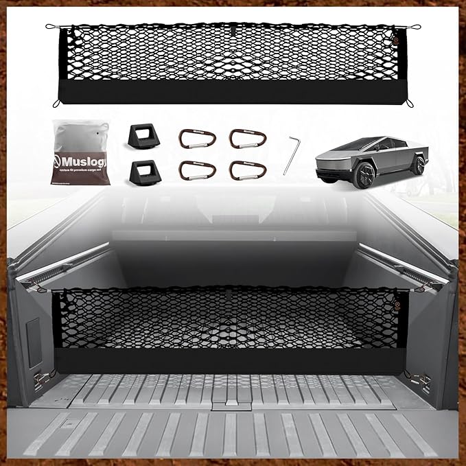 Muslogy Truck Bed Cargo Net Trunk Netting Compatible with Tesla Cybertruck 2024 2025 2026 Accessories, Pickup Cargo Organizer SUV Sedan Storage Net w/Heavy Duty Carabiners