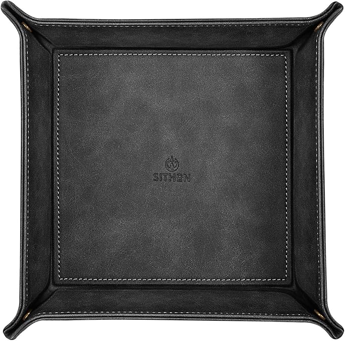 SITHON Valet Tray Desktop Storage Organizer – Premium PU Leather Catchall Bedside Vanity Tray Nightstand Caddy Holder for Keys, Phone, Wallet, Coin, Jewelry, Valentine's Day Gift, Black