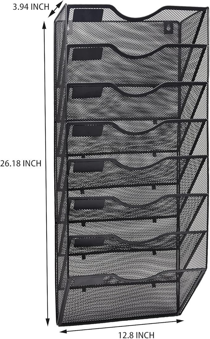 EASEPRES 8 Pocket Mesh Hanging Wall File Organizer, Wall Mounted Mail Paper Document Folder Holder, Clipboard Storage Organization Magazine Rack with Nametag Label for Office Home School, Black