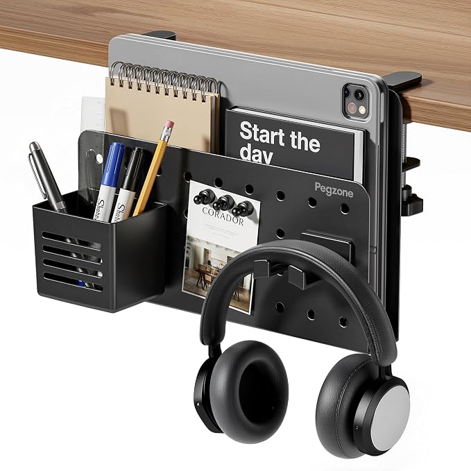 Under Desk Storage Organizer, Laptop Holder Stand with Pegboard Design, Holds 22lbs, Clamp on Desk Organizer, Fits 0.4"-2.2" Desktop Edge, Black