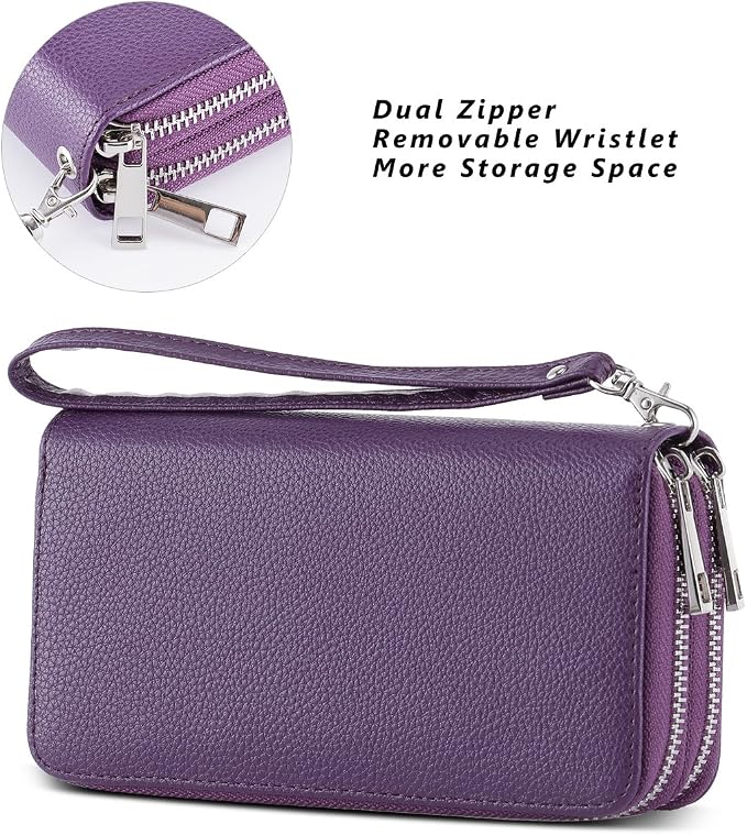 Cellphone Wallet for Women Dual Zipper Long Purse with Removable Wristlet