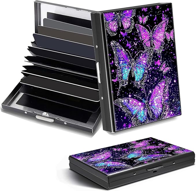 Credit Card Holder, Purple Butterflies Design Mini RFID Blocking Aluminum Wallet Slim Metal Hard Case Shell Travel Wallet ID Case Small Credit Cards Case Business Cards for Women Men Girls