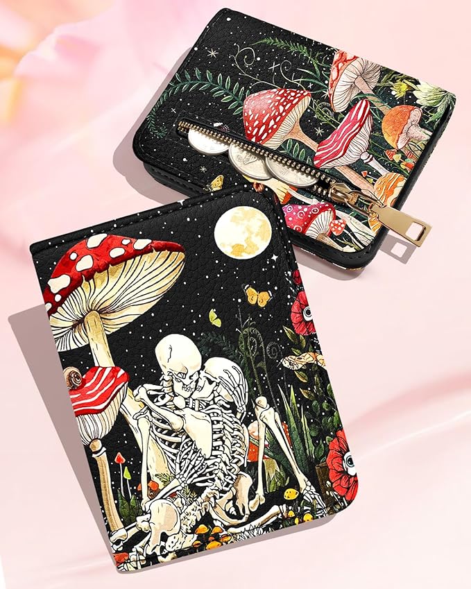 Bistup Credit Card Holder Wallet for Women Cute Leather Ladies Teen Girls Female Cardholder Wallets Accordion Purse Small Medium Aesthetic Print Mushroom Skull Unique Modern Y2k Rfid Zipper Around