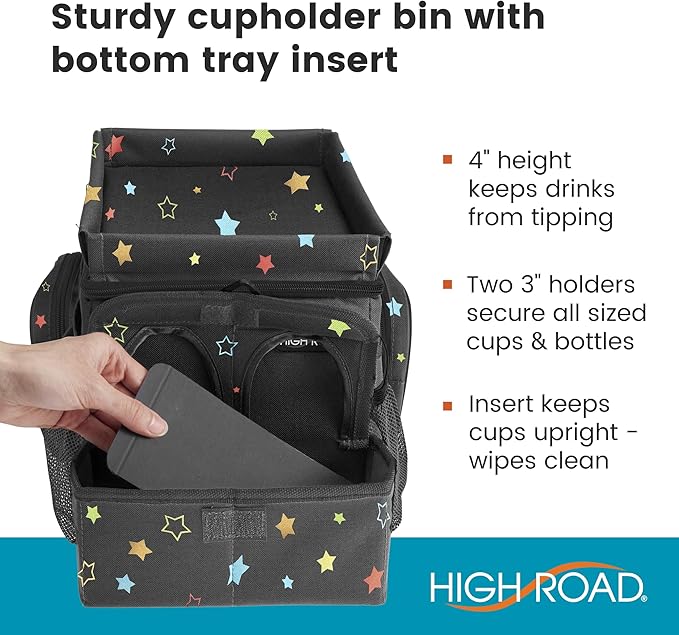 High Road CarHop Car Caddy Organizer with Road Trip Cooler, Car Cup Holder Bin, Sturdy Snack and Play Lid and 6 Organization and Storage Pockets, Starry Night
