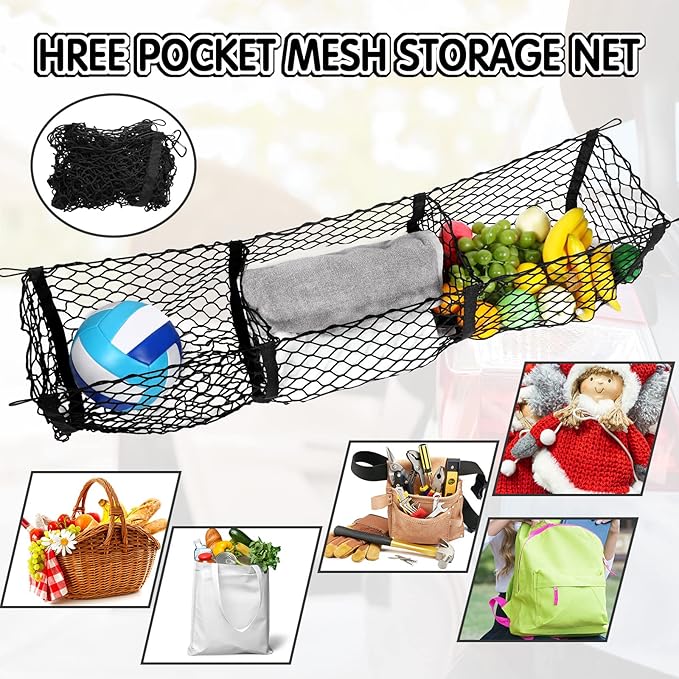 Tallew 2 Pcs Car Rear Cargo Net, Adjustable Elastic Mesh Cargo Net, 3 Pocket Heavy Duty Trunk Bed Storage Organizer, Universal for Car SUV Vehicle Pickup Truck with Accessories(35.4 x 15.7 inches)