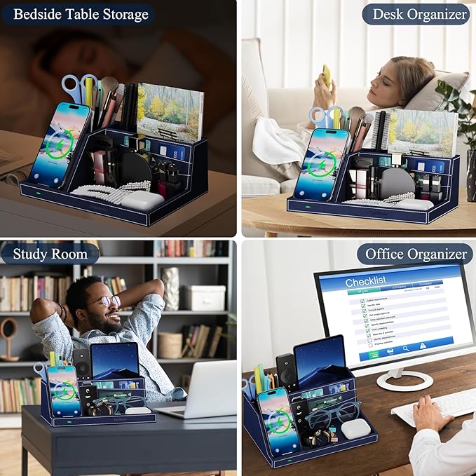 TopMade Wireless Charger Desk Organizer, Leather Multi-Functional Office Supplies Desk Accessories, Remote Control Pen Holder Fast Charging Station, for iPhone Charger Stand, Gifts for Men (Blue)