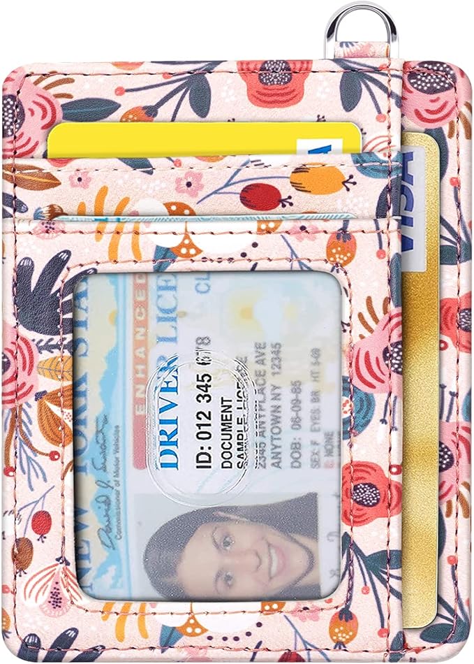 Coco Rossi Slim Front Pocket Wallet RFID ID Card Holder Cute Small Wallet with Keychian for Women, Pink Flowers