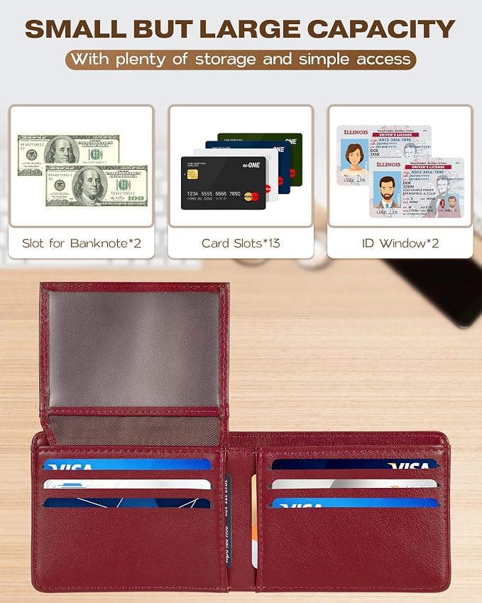 GNDR Wallet For Men Bifold Red RFID Blocking Slim Faux Leather Wallets Card Holder Front Pocket Minimalist Men Accessories With Gift Box