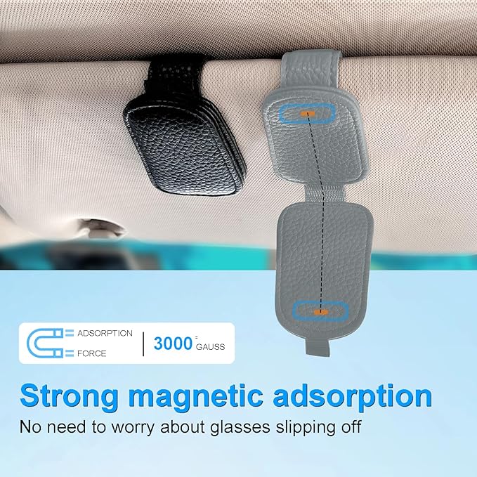 LTOHOE 2 Pack Sunglass Holder for Car, Magnetic Leather Sunglasses Holder and Ticket Card Clip, Universal for Different Size Glasses, Car Visor Accessories(Grey)