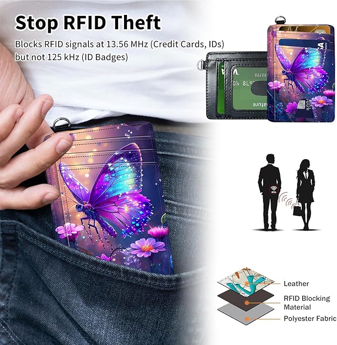 Slim Minimalist Front Pocket Wallet,Credit Card Holder Wallet for Women Men,RFID Blocking Credit Card Holder Case Leather Cute Small Thin Wallet ID Window&Wrist Strap,Purple Glitter Butterfly