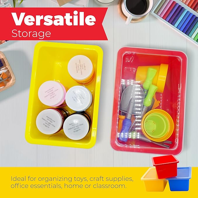 4E's Novelty Plastic Storage Bins with Lids, 5 Qt, 3 Pack, Colorful Plastic Cubby Storage Bins, Stackable Organizer Cubbies for Classroom Organization and Storage or Home (11.4" x 7.75" x 5")