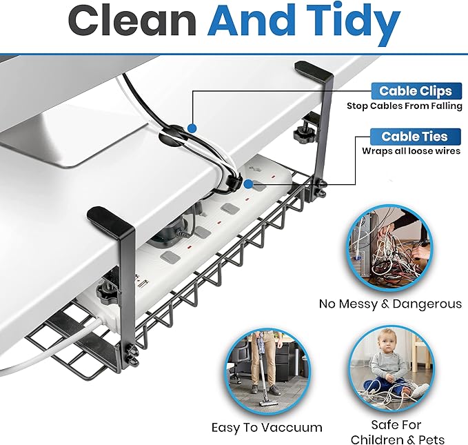 Under Desk Cable Management Tray, 16” No Drill Cord Organizer with Clamps for Wire Management, 4mm Sturdy Wire Desk Cable Organizer Tray, Cable Management Rack for Office