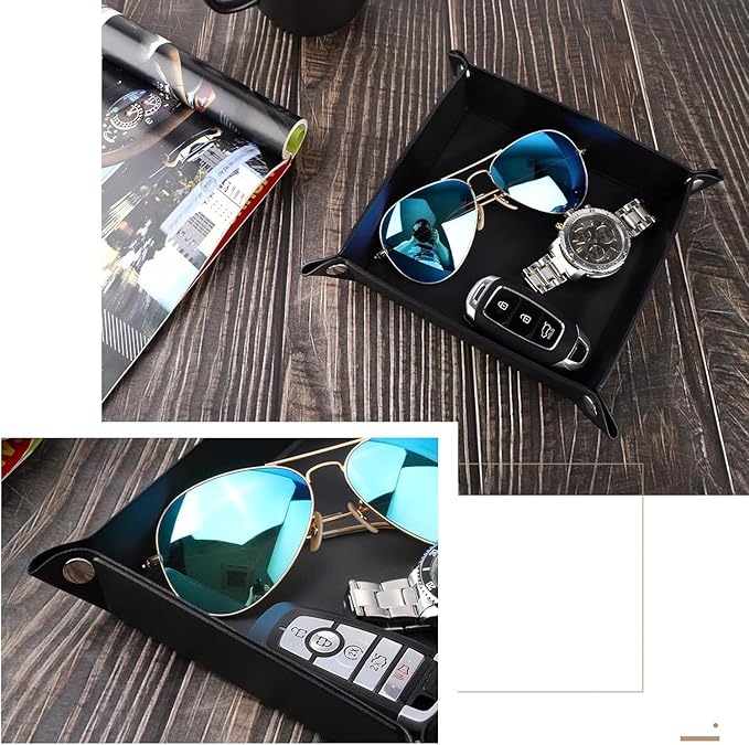 Luxspire Valet tray, PU Leather Tray, Catchall Tray, Men Women Jewelry Key Tray, Desk Storage Plate for Key Coin Phone Jewelry Wallet, Small Size - Black