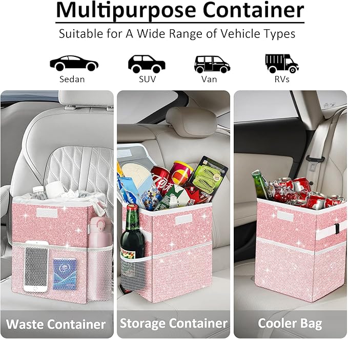 Cute Mini Car Trash Bag with Lid, Glitter Garbage Can Bin Hanging for Back/Front Seat/Console, Waterproof, Leakproof, 2.5 Gallon, Pink Bling Sparkly