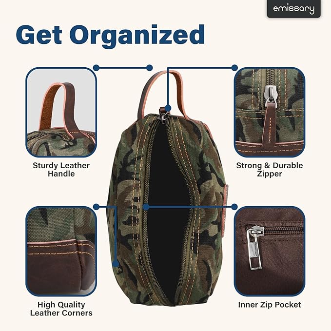 emissary Men's Canvas Travel Toiletry Bag, Leather Dopp Kit - Camo Green | Durable canvas & PU leather, water-resistant lining, side handle; roomy men's Dopp kit for travel & gym
