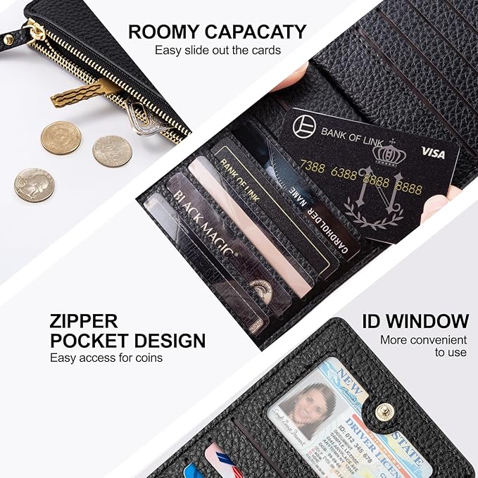 Womens Wallet, RFID Blocking Leather Wallet Large Size Bifold Multi Card Holder Wallet with Zipper Pocket - Black