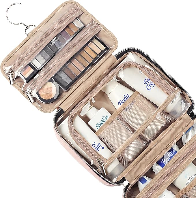 NISHEL Travel Toiletry Bag for women, Portable Hanging Organizer for Travel-Sized Shampoo, Conditioner, Brushes Set, makeup Accessories, Medium Size, Pink