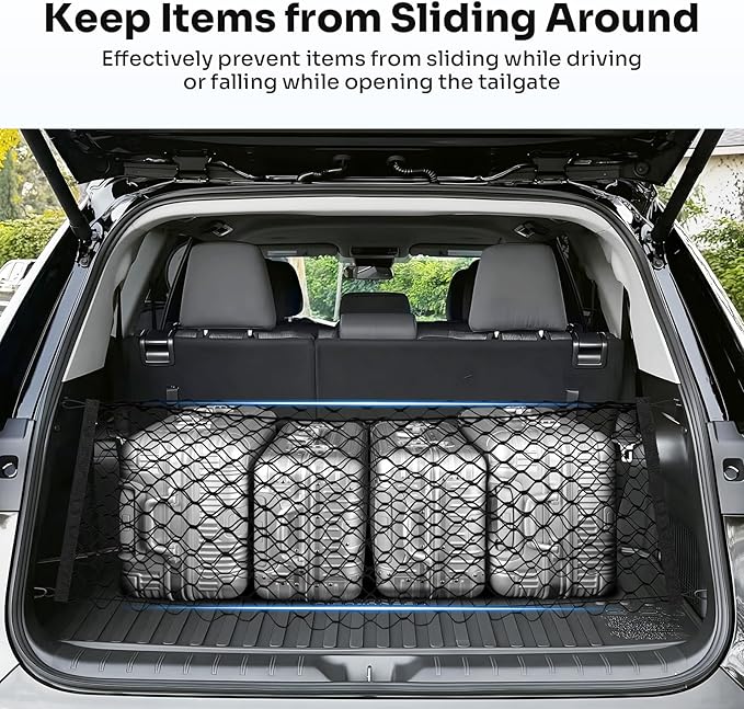 Canvcle Trunk Cargo Net for 2024-2025 2026 Toyota Grand Highlander Accessories Envelope Style Mesh Trunk Net Organizer and Storage Stretchable Adjustable Elastic Nylon Rear Cargo Netting with Hooks
