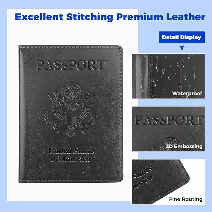 Passport Holder for Travel Men Women - Passport Cover, Passport Wallet Case Travel Essentials Travel Must Haves Accessories Blocking Leather Card Slot Protector for Stocking Stuffers Gifts,Black