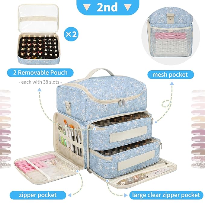 CUBETASTIC Extra Large Nail Polish Organizer Case Holds 86 to 100+ Bottles Nail Polish & Nail Lamp, Nail Supplies Storage Carrying Bag with 2 Removable Pouches, White Floral in Blue