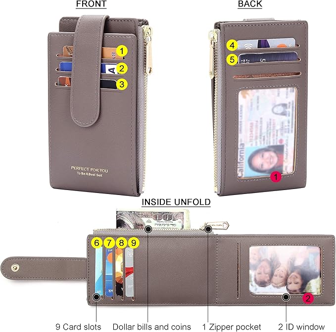 Badiya Slim Women Wallet RFID Blocking Bifold Compact 9 Card Slots Holder Wallets Soft Leather with Zipper Coin Pocket 2 ID Window