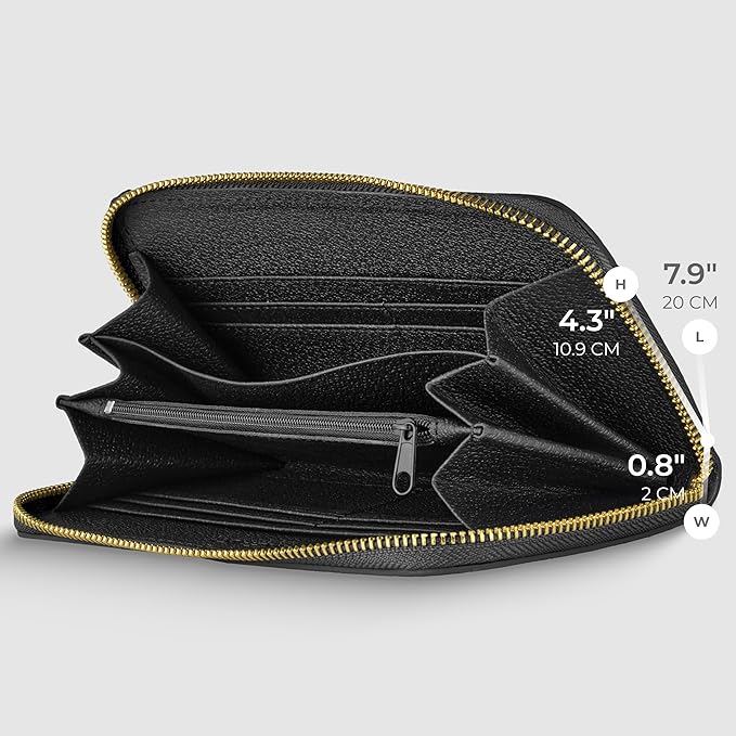 Italian Genuine Metallic Leather Wallet for Women with 3 Compartments & Zip Close | Small Rectangular Card Holder (Black)