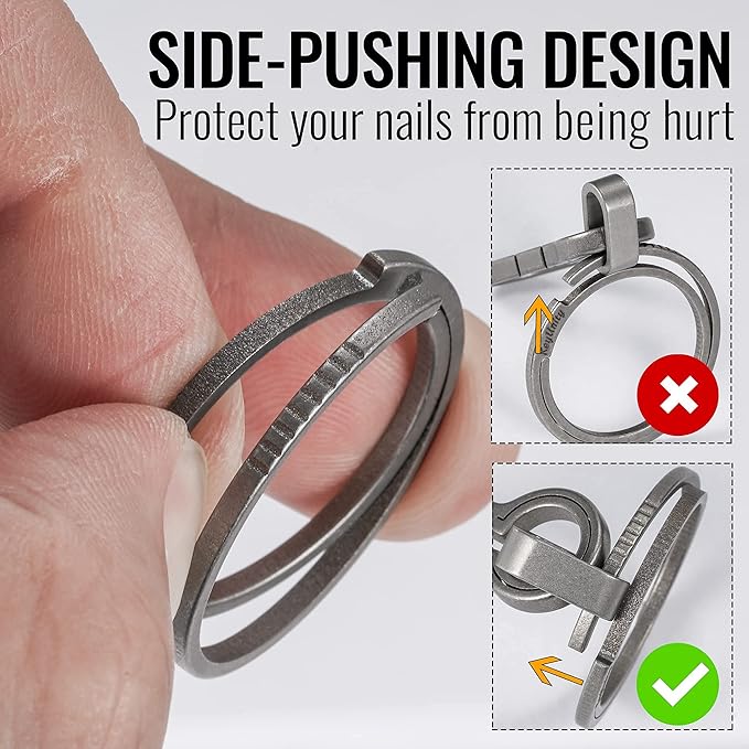 KeyUnity Titanium Flat Key Rings, 33/25/17.5mm Side Pushing Split Ring for Key Carabiner Flashlight Knife Dog ID Collar Tag