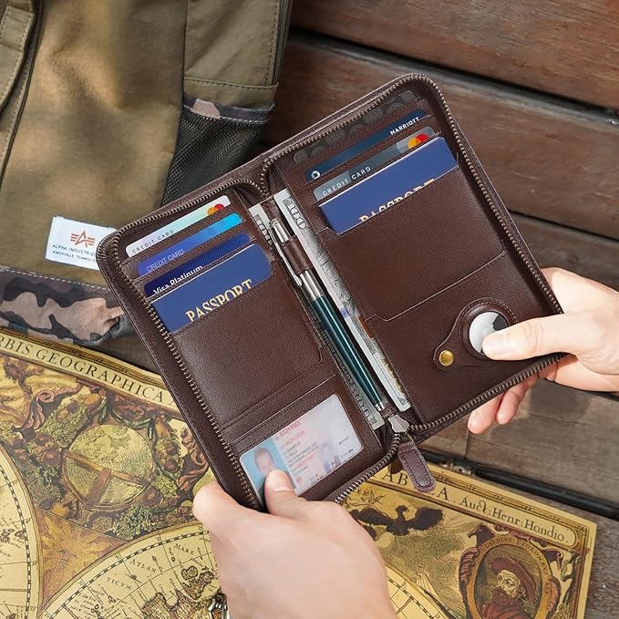 Polare Full Grain Leather Passport Holder Cover Case for Men RFID Blocking Travel Wallet Holds 4 Passports (Coffee with AirTag Slot)