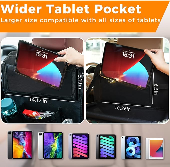 Backseat Car Organizer with Tray, 9 Storage Pockets Back Seat Protector with Foldable Tablet Holder, Waterproof Back of Seat Kick Mats for Kids Adult, Road Trip Essentials Travel 2 Pack, Black