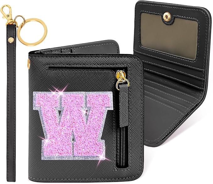 COSHAYSOO Mini Wallet with RFID Blocking Initial Monogrammed for Girls Birthday Valentines Easter Mothers Nurse Day Graduation Thanksgiving Appreciation Halloween Christmas New Year Gifts Black W
