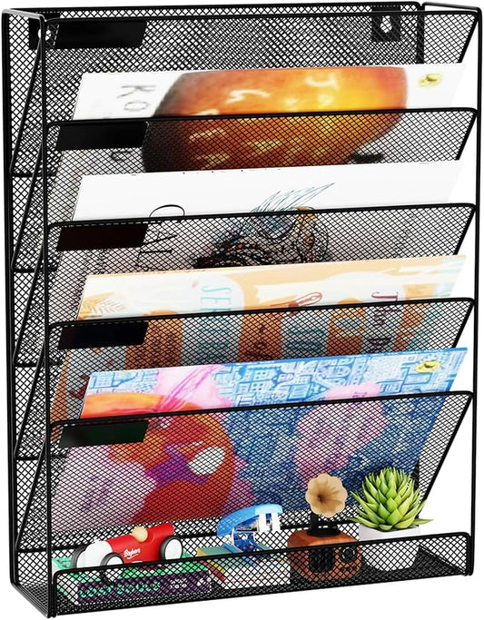 Wall File Organizer Holder Mesh Hanging Paper Document Holder,Vertical 6 Pocket Tier for Office Home, Black