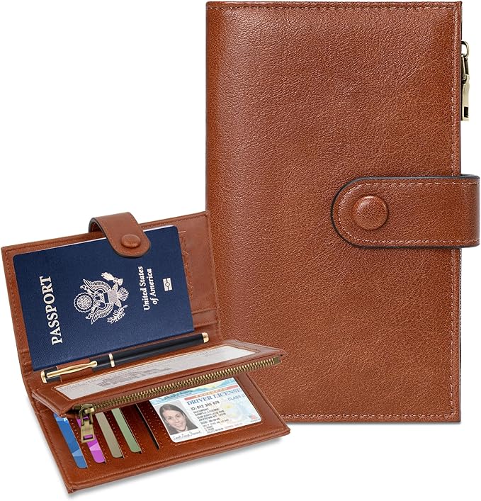 BKNOOU Rfid Blocking Passport Holder for Women and Men, Compact Travel Passport Wallet Leather Travel Wallet Trifold Clutch Wallet, Passport Cover Holds Cards, Tickets, Cash and Pen