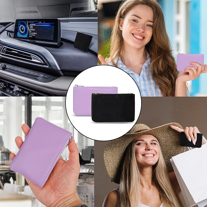 KALIONE 2 Pack Coin Purse, Portable PU Leather Coin Purse with Zipper Coin Purse Mini Change Purse Small Coin Purse for Women Credit Card Folded Bills ID Key Headset Lipstick(Black&Purple)