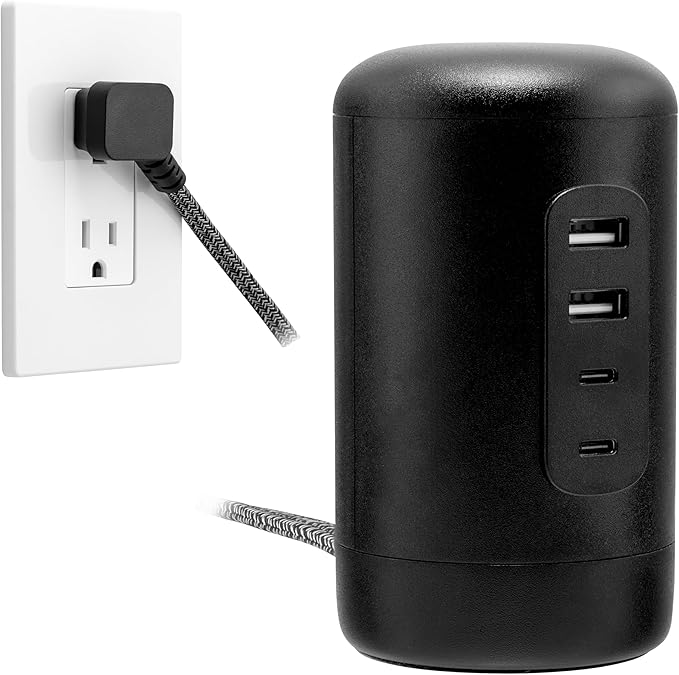 GE USB Desktop Charging Station, 30W 5ft 2 USB C Ports, 2 USB A Ports, Multiport USB Charging Station, USB Desktop Charger Station for iPhone 16 Series, 15 Series, iPad Pro, Smart Watch, Black, 82583