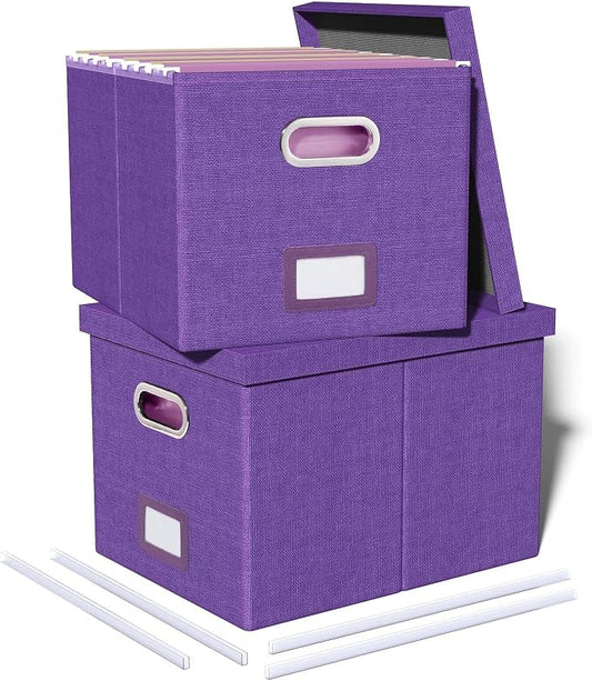 Oterri 2 Pack File Storage Organizer, Filing Box, Portable File Box with Lid, Fit for Letter/Legal File Folder Storage, Document Organizer, Purple
