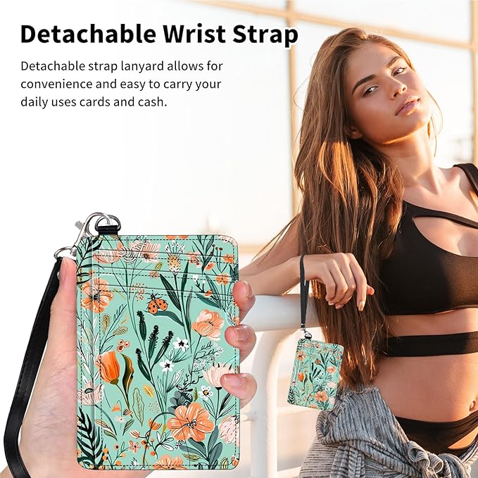 Slim Minimalist Front Pocket Wallet,Credit Card Holder Wallet for Women Men,RFID Blocking Credit Card Holder Case Leather Cute Small Thin Wallet ID Window&Wrist Strap,Floral Plant Green