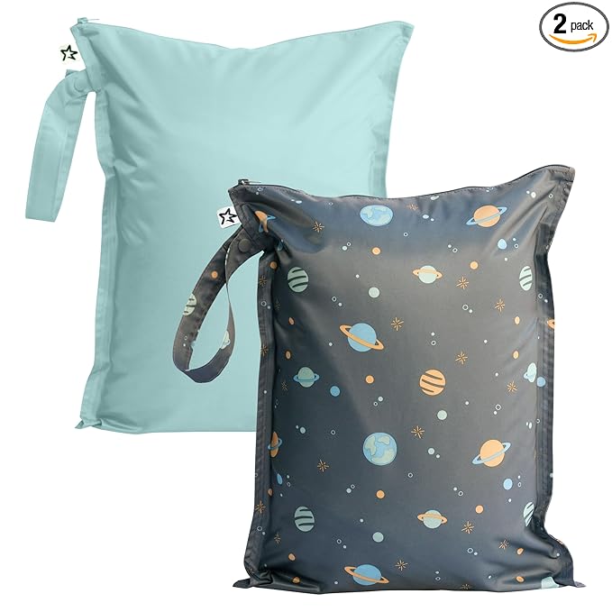 Tiny Twinkle Mess Proof Wet Bags | 2-Pack Reusable Waterproof Wet Bags for Swimsuits | Baby Clothes | Travel & Diaper Bag (Space, Ice Blue)