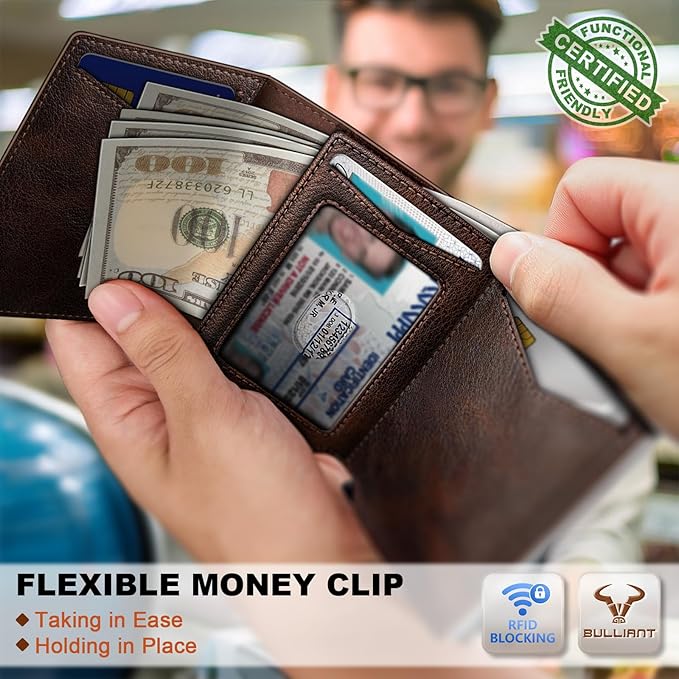 BULLIANT Men Wallet Leather Wallet Card Holders Money Clip for Men 10Cards-Magnetic Flip on Metal Case