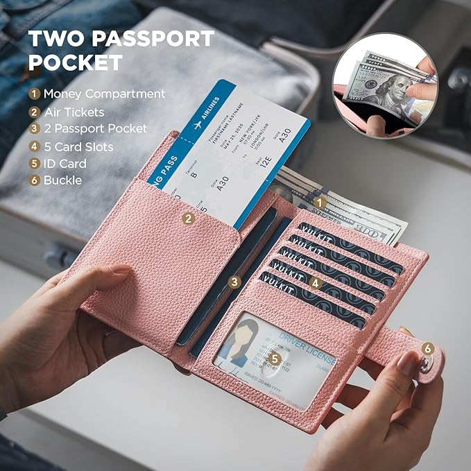 VULKIT Leather Passport Wallet for 2 Passports Slim Double Passport Holder RFID Blocking Passport Travel Wallet with ID Window for Women