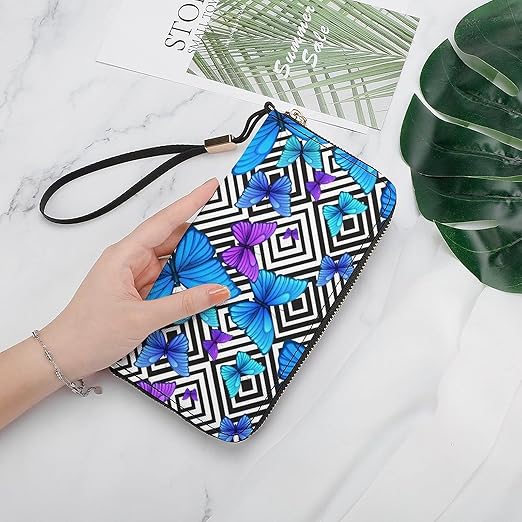Unisex Zip Around Wallet for Adults Teens Blue Butterfly On Black Geometric Pattern Coin Pouch Cash Pocket PU Leather Wallets Card Holder Organizer Designer Purse with Wristlet Strap