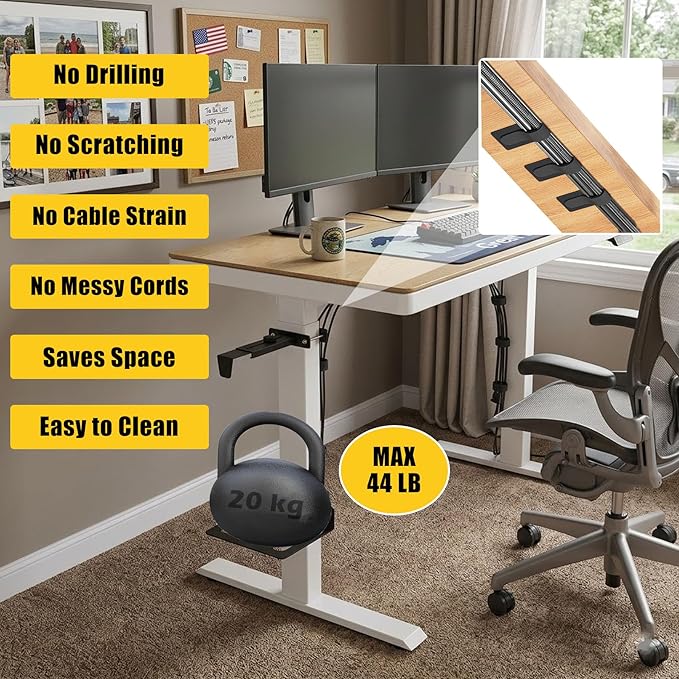 Under Desk PC Mount for Standing Desk, No Drilling Clamp-On CPU Holder with 10 Cable Clips, Heavy Duty Adjustable Computer Tower Stand Fits Most PC Cases up to 44lbs, Universal Gaming Desk Mount