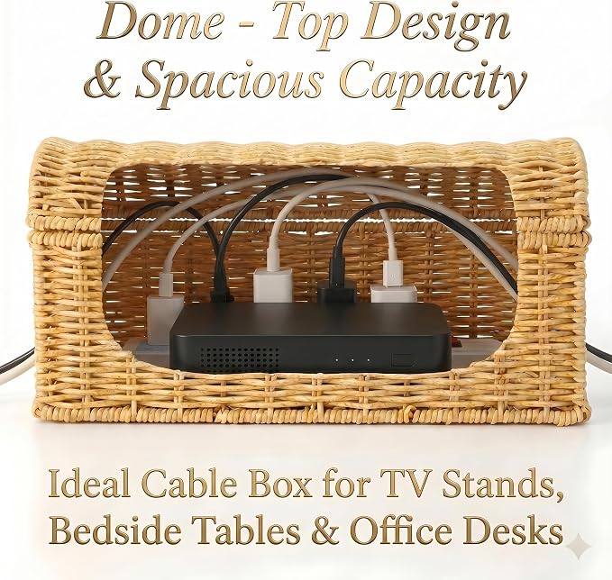 Large Rattan Cable Management Box, Decorative WiFi Router & Modem Hider | Ventilated, Waterproof, Easy Clean, No Assembly, Decorative Cable Organizer