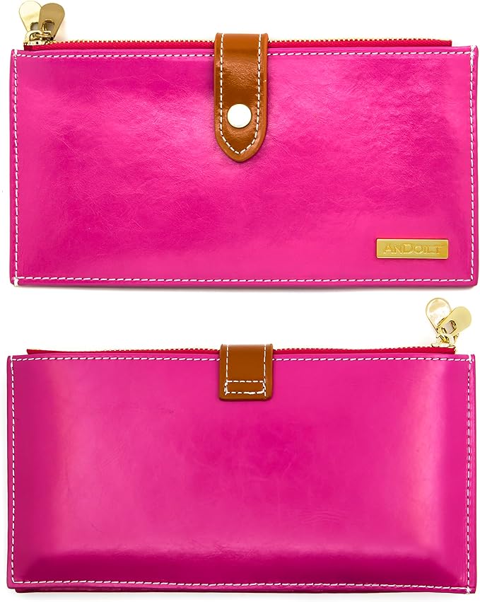 ANDOILT Women's Genuine Leather Wallet RFID Blocking Credit Card Holder Zipper Purse Cell Phone Handbag