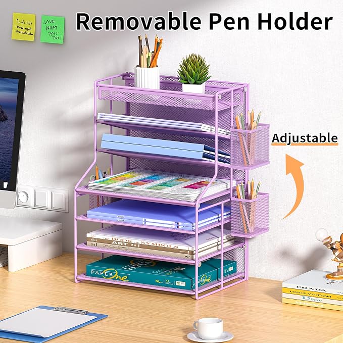 Purple 7 Tier Desk File Organizer, Metal Letter Tray Paper Organizer with Pull-Out Drawer, Removable Pen Holder & Hanging Basket, Vertical Desktop File Holder for Home Office, Classroom